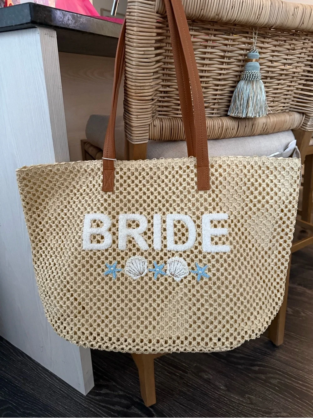 Shiraleah Natural Straw 'BRIDE' Tote with Brown Handles and Blue Accents
